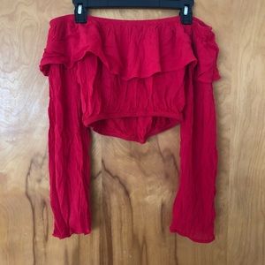 Off the shoulder red long sleeve crop top